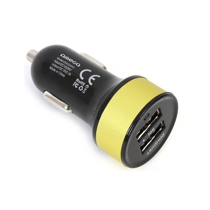 Omega автомобильный зарядный адаптер 2xUSB + кабель, жёлтый (42546)