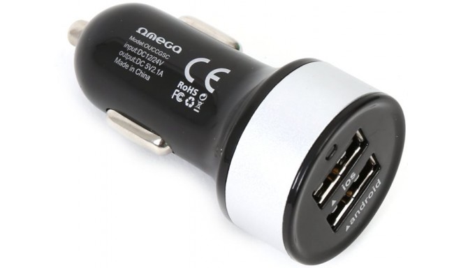Omega car power adapter 2xUSB + cable, silver (42545)