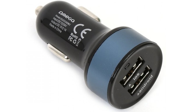 Omega автомобильный зарядный адаптер 2xUSB + кабель, тёмно-синий (42542)