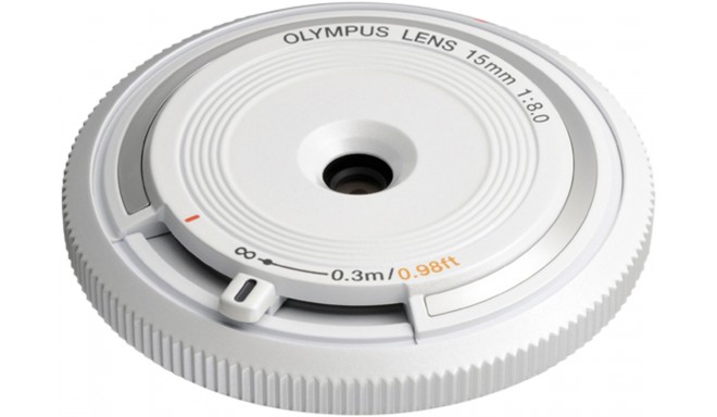 Olympus body cap lens 15mm f/8.0, white